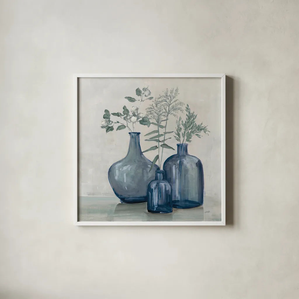 Winter Still Life by Julia Purinton. Shown in a crisp white glass frame for a clean and minimalist style. Available as an archival giclee rolled canvas, fine art paper, or poster print. SKU 91101a.