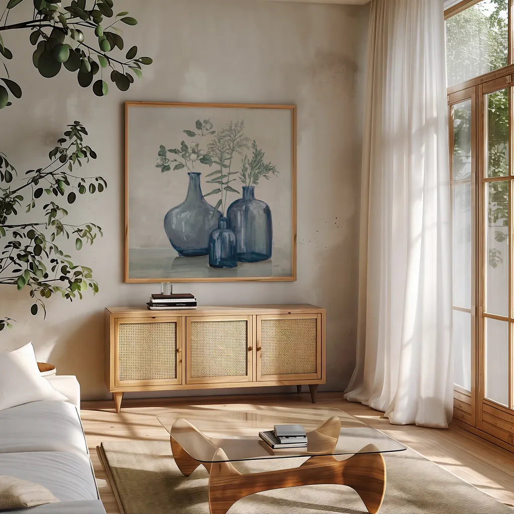 Winter Still Life by Julia Purinton. Shown in a natural wood frame in a cozy modern living room. Available as an archival giclee rolled canvas, fine art paper, or poster print. SKU 91101a.