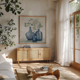 Winter Still Life by Julia Purinton. Shown in a natural wood frame in a cozy modern living room. Available as an archival giclee rolled canvas, fine art paper, or poster print. SKU 91101a.