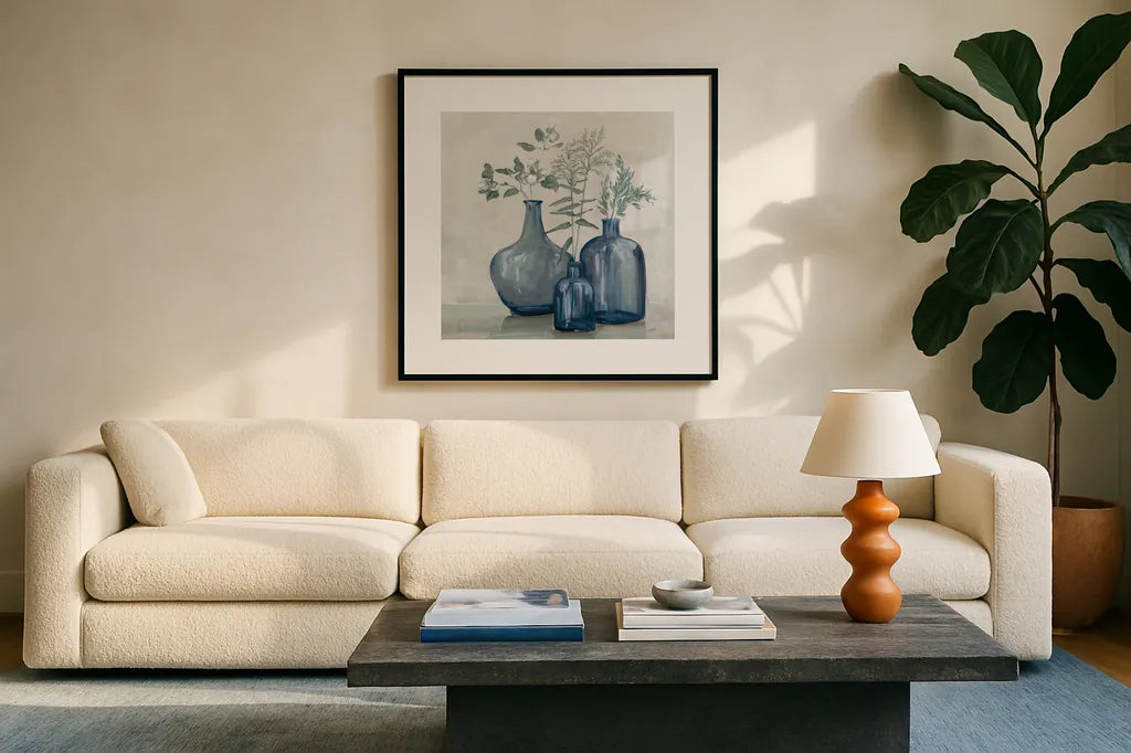 Winter Still Life by Julia Purinton. Displayed in a glass frame with matte in a clean modern living room. Available as an archival giclee rolled canvas, fine art paper, or poster print. SKU 91101a.
