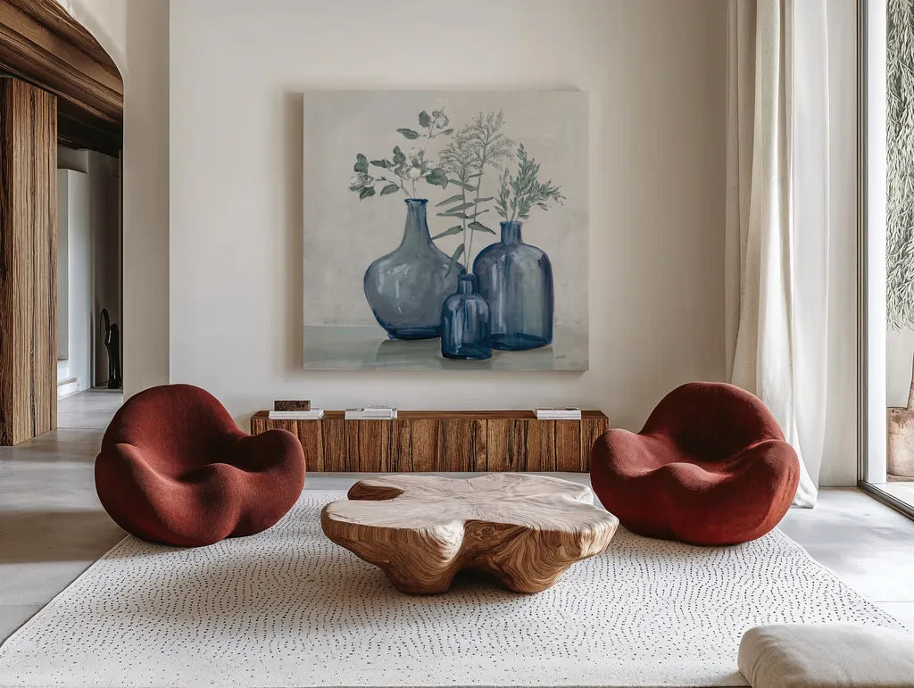 Winter Still Life by Julia Purinton. Shown as extra-large giant wall art in a modern living room. Available as an archival giclee rolled canvas, fine art paper, or poster print. SKU 91101a.