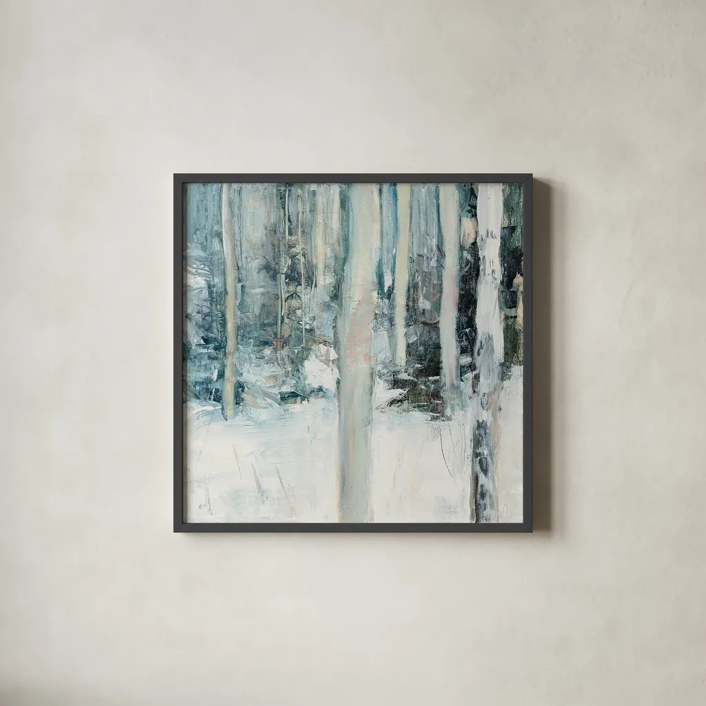 Winter Woods I by Julia Purinton. Shown in a sleek black glass frame for a contemporary gallery look. Available as an archival giclee rolled canvas, fine art paper, or poster print. SKU 30549a.