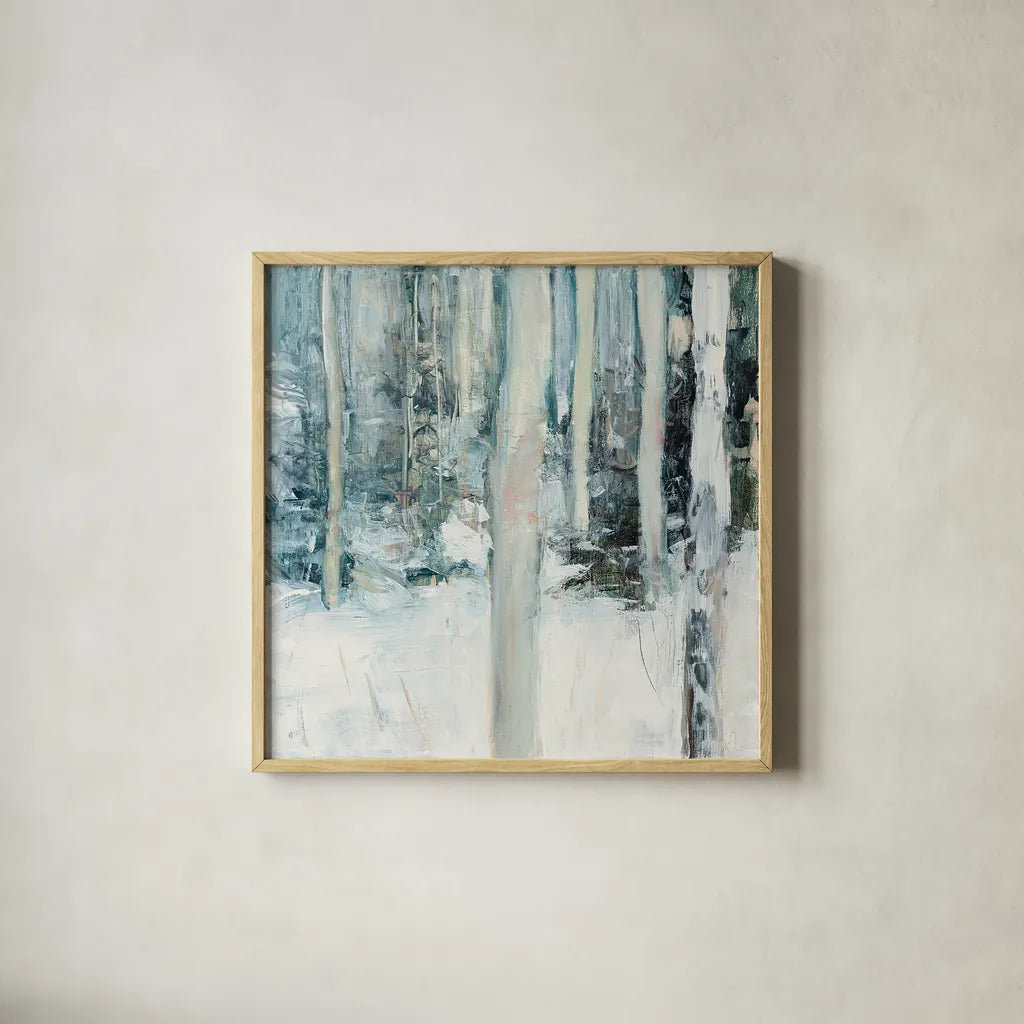 Winter Woods I by Julia Purinton. Shown in a natural wood glass frame for a timeless modern aesthetic. Available as an archival giclee rolled canvas, fine art paper, or poster print. SKU 30549a.
