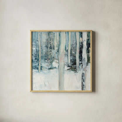 Winter Woods I by Julia Purinton. Shown in a natural wood glass frame for a timeless modern aesthetic. Available as an archival giclee rolled canvas, fine art paper, or poster print. SKU 30549a.