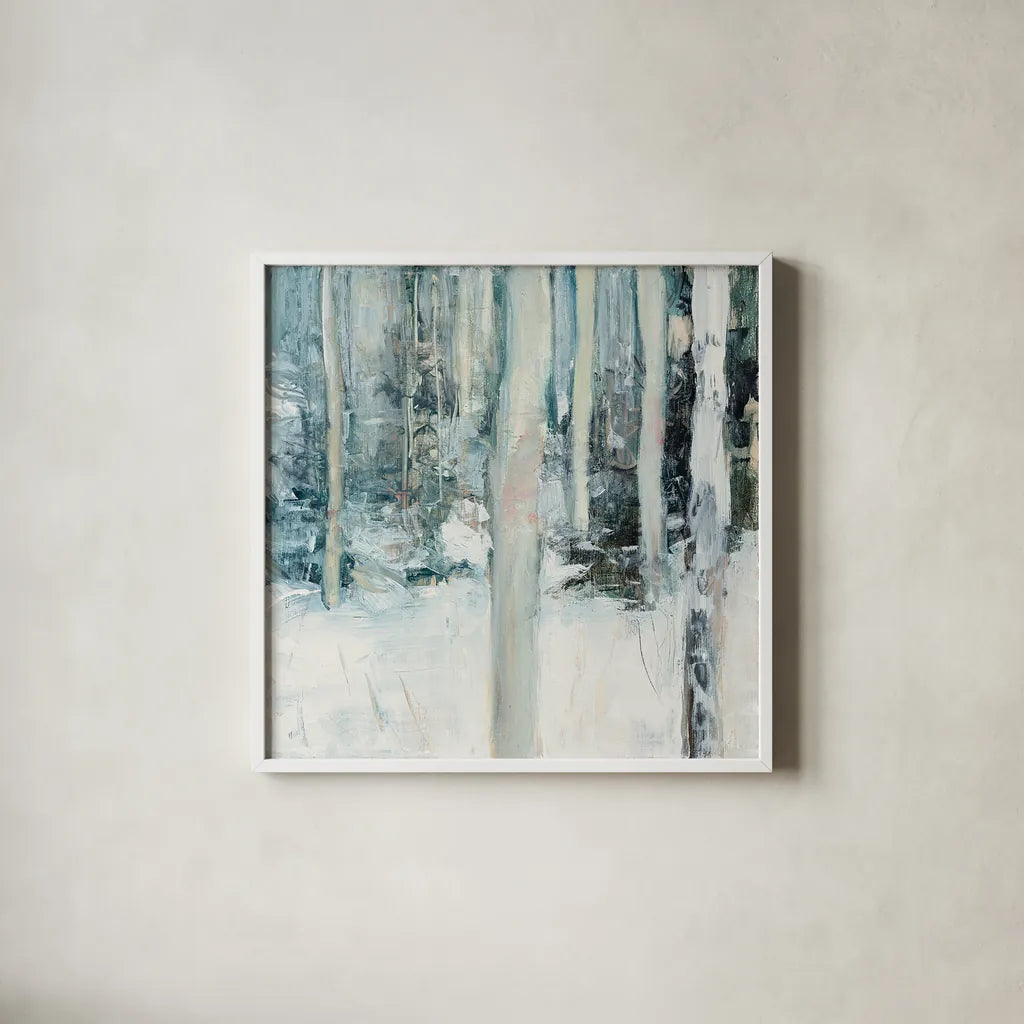 Winter Woods I by Julia Purinton. Shown in a crisp white glass frame for a clean and minimalist style. Available as an archival giclee rolled canvas, fine art paper, or poster print. SKU 30549a.