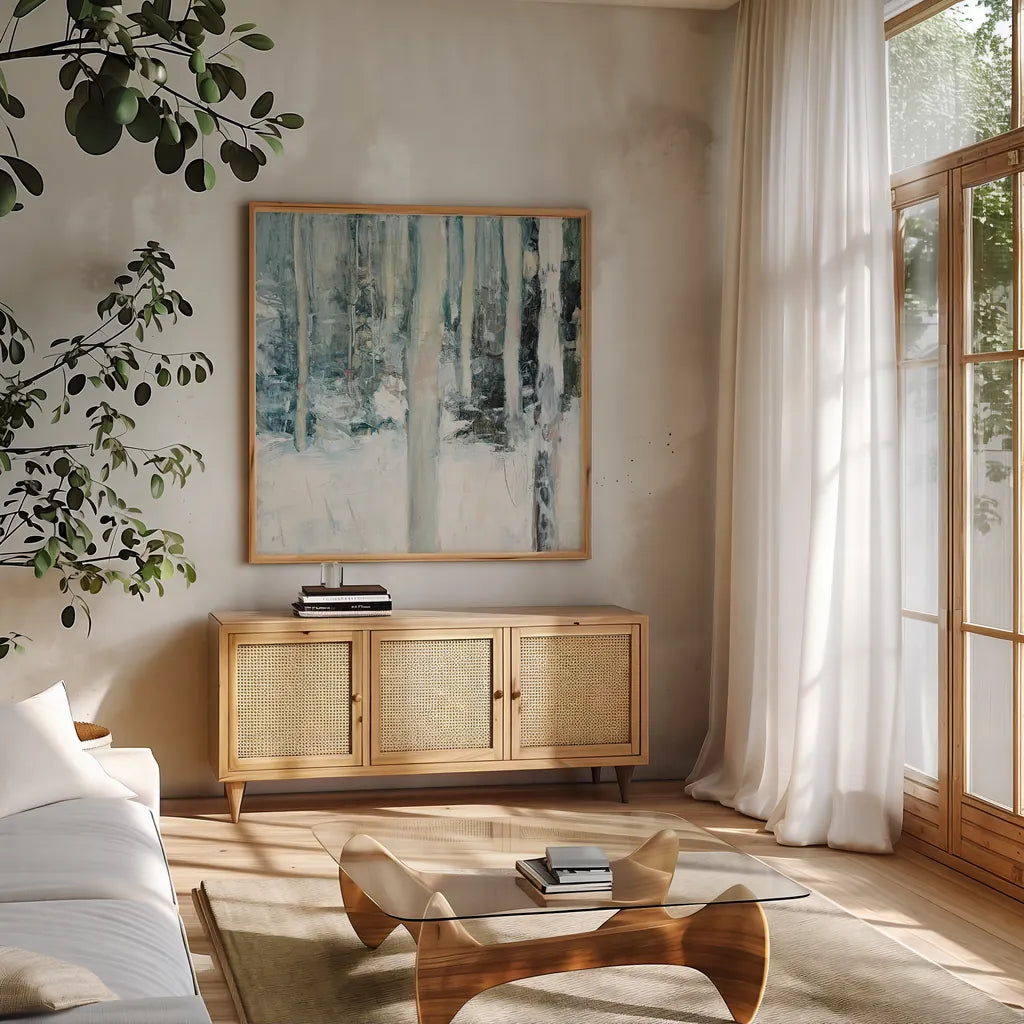 Winter Woods I by Julia Purinton. Shown in a natural wood frame in a cozy modern living room. Available as an archival giclee rolled canvas, fine art paper, or poster print. SKU 30549a.