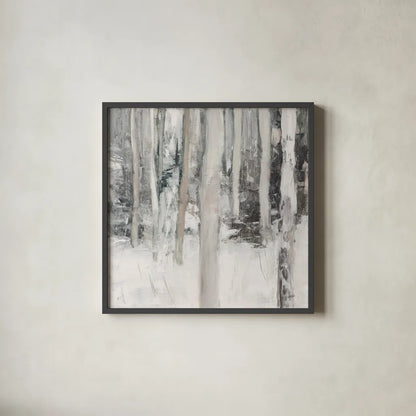 Winter Woods I Neutral by Julia Purinton. Shown in a sleek black glass frame for a contemporary gallery look. Available as an archival giclee rolled canvas, fine art paper, or poster print. SKU 77159a.