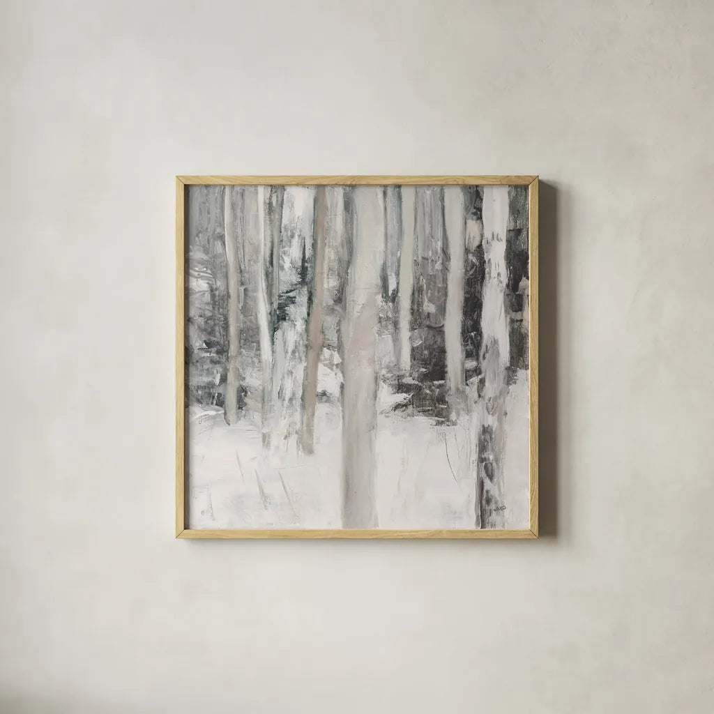 Winter Woods I Neutral by Julia Purinton. Shown in a natural wood glass frame for a timeless modern aesthetic. Available as an archival giclee rolled canvas, fine art paper, or poster print. SKU 77159a.