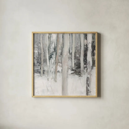 Winter Woods I Neutral by Julia Purinton. Shown in a natural wood glass frame for a timeless modern aesthetic. Available as an archival giclee rolled canvas, fine art paper, or poster print. SKU 77159a.