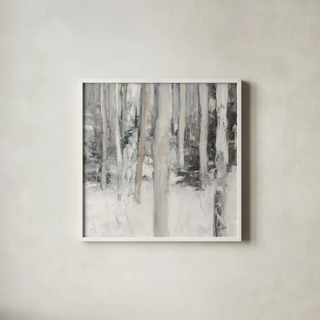 Winter Woods I Neutral by Julia Purinton. Shown in a crisp white glass frame for a clean and minimalist style. Available as an archival giclee rolled canvas, fine art paper, or poster print. SKU 77159a.