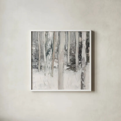 Winter Woods I Neutral by Julia Purinton. Shown in a crisp white glass frame for a clean and minimalist style. Available as an archival giclee rolled canvas, fine art paper, or poster print. SKU 77159a.