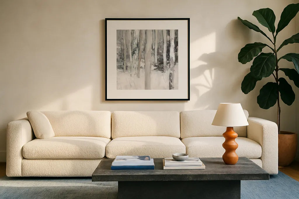 Winter Woods I Neutral by Julia Purinton. Displayed in a glass frame with matte in a clean modern living room. Available as an archival giclee rolled canvas, fine art paper, or poster print. SKU 77159a.
