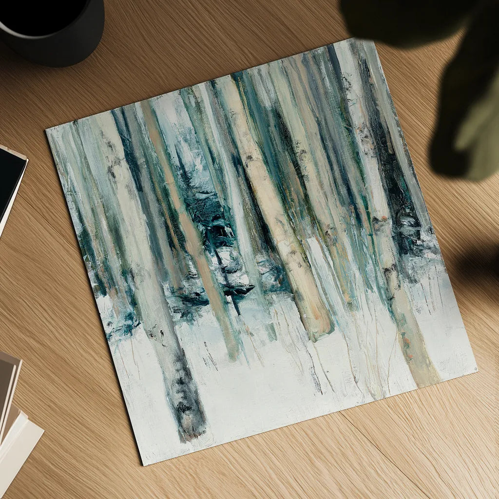 Winter Woods II by Julia Purinton. Shown as a detailed flat fine art print, highlighting archival giclee quality. Available as an archival giclee rolled canvas, fine art paper, or poster print. SKU 30550a.