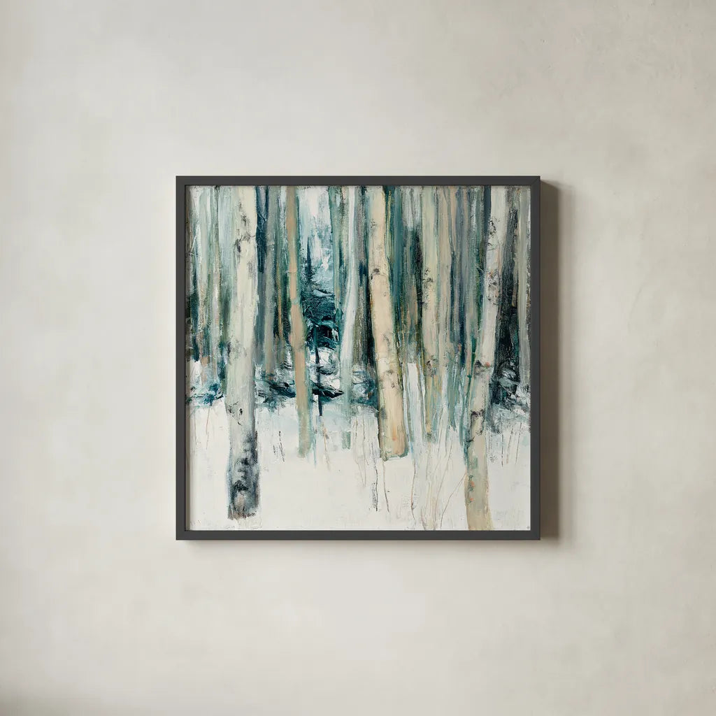 Winter Woods II by Julia Purinton. Shown in a sleek black glass frame for a contemporary gallery look. Available as an archival giclee rolled canvas, fine art paper, or poster print. SKU 30550a.