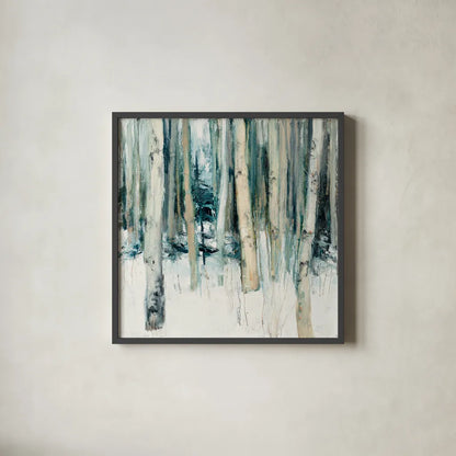 Winter Woods II by Julia Purinton. Shown in a sleek black glass frame for a contemporary gallery look. Available as an archival giclee rolled canvas, fine art paper, or poster print. SKU 30550a.