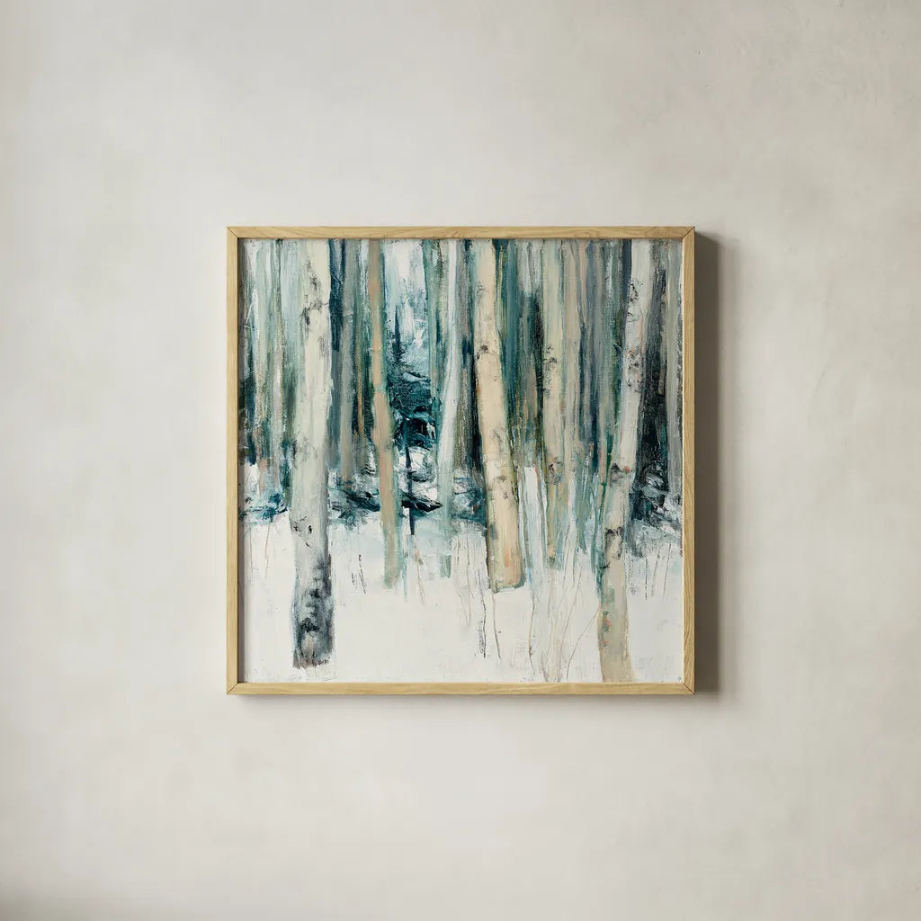 Winter Woods II by Julia Purinton. Shown in a natural wood glass frame for a timeless modern aesthetic. Available as an archival giclee rolled canvas, fine art paper, or poster print. SKU 30550a.