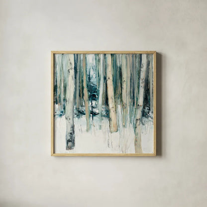 Winter Woods II by Julia Purinton. Shown in a natural wood glass frame for a timeless modern aesthetic. Available as an archival giclee rolled canvas, fine art paper, or poster print. SKU 30550a.