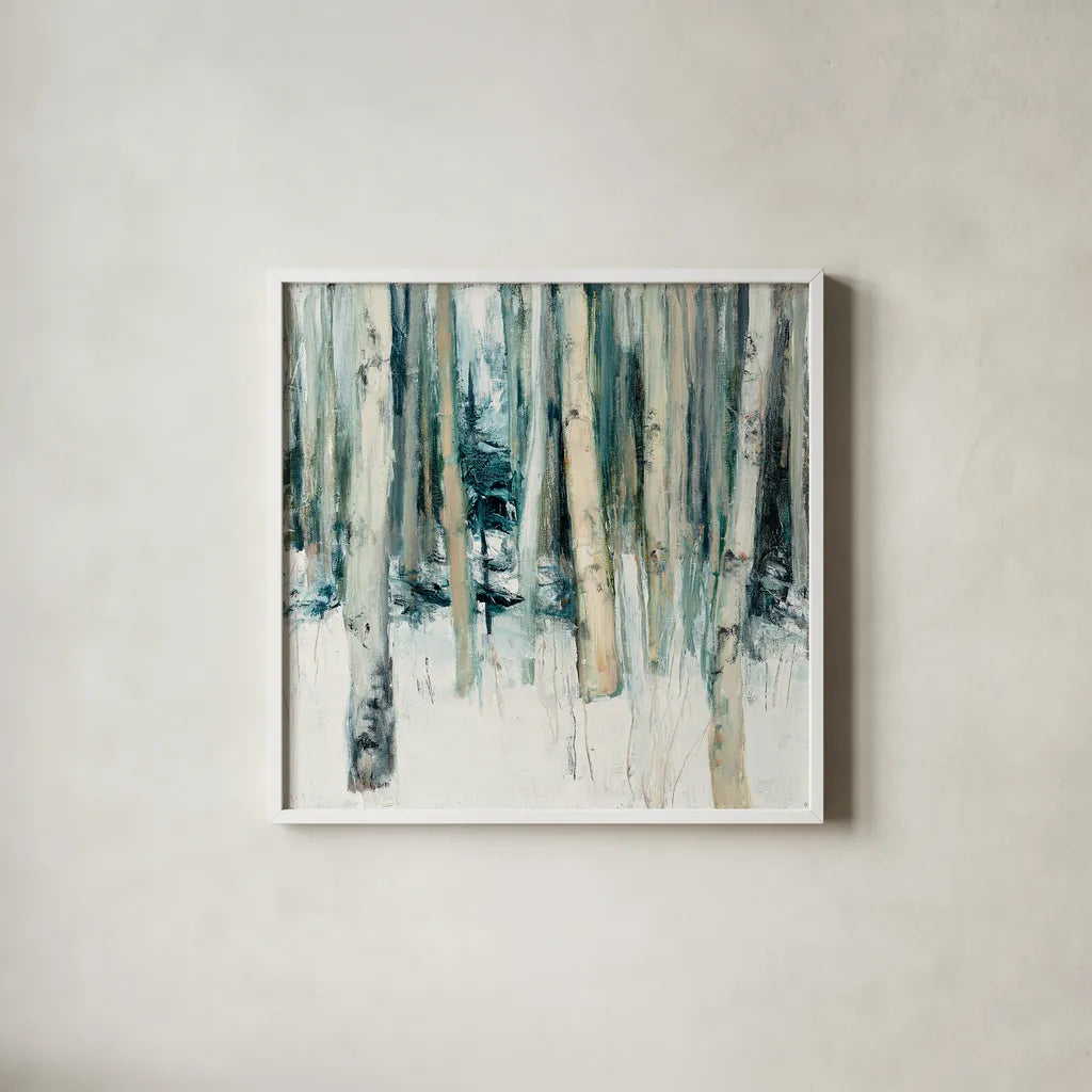 Winter Woods II by Julia Purinton. Shown in a crisp white glass frame for a clean and minimalist style. Available as an archival giclee rolled canvas, fine art paper, or poster print. SKU 30550a.