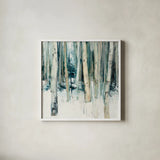 Winter Woods II by Julia Purinton. Shown in a crisp white glass frame for a clean and minimalist style. Available as an archival giclee rolled canvas, fine art paper, or poster print. SKU 30550a.