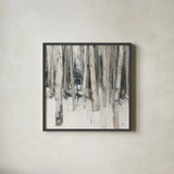 Winter Woods II Neutral by Julia Purinton. Shown in a sleek black glass frame for a contemporary gallery look. Available as an archival giclee rolled canvas, fine art paper, or poster print. SKU 77160a.