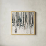 Winter Woods II Neutral by Julia Purinton. Shown in a natural wood glass frame for a timeless modern aesthetic. Available as an archival giclee rolled canvas, fine art paper, or poster print. SKU 77160a.