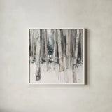 Winter Woods II Neutral by Julia Purinton. Shown in a crisp white glass frame for a clean and minimalist style. Available as an archival giclee rolled canvas, fine art paper, or poster print. SKU 77160a.
