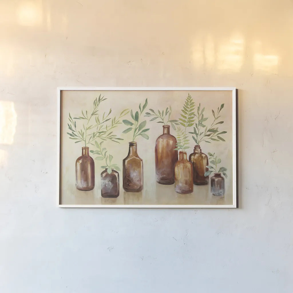 Woodland Still Life I by Julia Purinton. shown as a paper print in a white frame. Available as a archival giclee rolled canvas, fine art paper, or poster print. SKU 51539i.