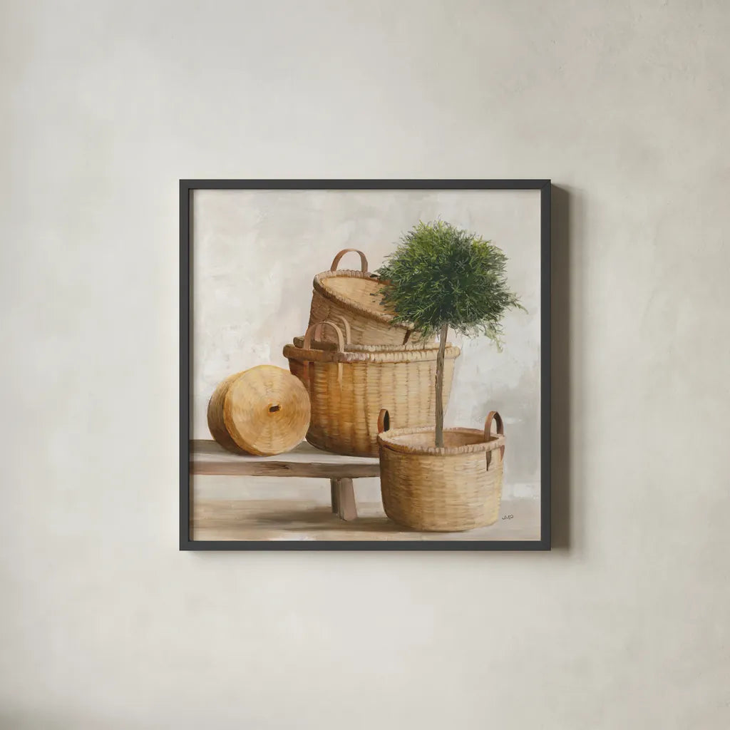 Woven Still Life by Julia Purinton. Shown in a sleek black glass frame for a contemporary gallery look. Available as an archival giclee rolled canvas, fine art paper, or poster print. SKU 73764a.