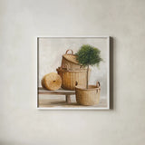 Woven Still Life by Julia Purinton. Shown in a crisp white glass frame for a clean and minimalist style. Available as an archival giclee rolled canvas, fine art paper, or poster print. SKU 73764a.
