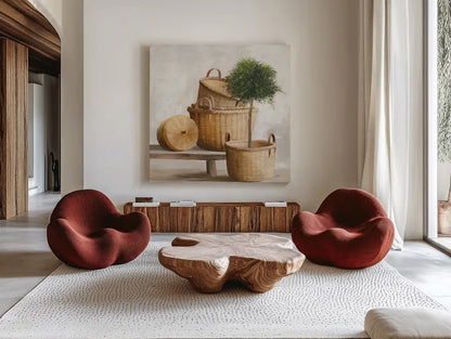 Woven Still Life by Julia Purinton. Shown as extra-large giant wall art in a modern living room. Available as an archival giclee rolled canvas, fine art paper, or poster print. SKU 73764a.