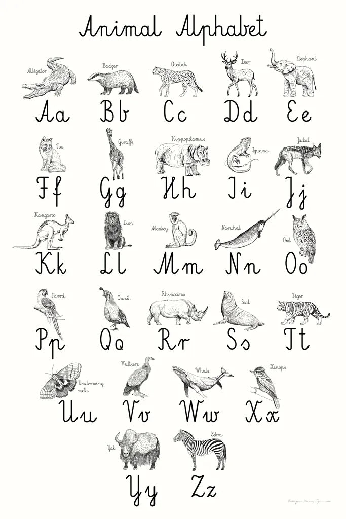 Animal Alphabet by Kasia Kucwaj-Tybur. SKU 83201h. Archival Giclee Fine art print for wall decor.