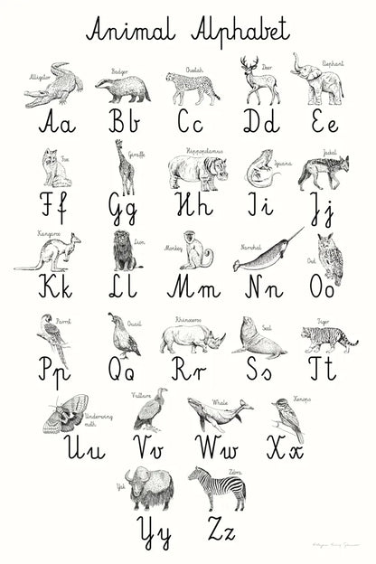 Animal Alphabet by Kasia Kucwaj-Tybur. SKU 83201h. Archival Giclee Fine art print for wall decor.