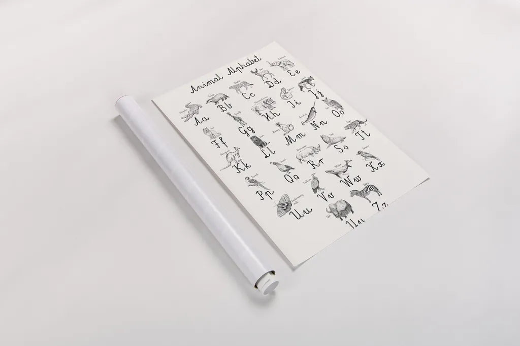 Animal Alphabet by Kasia Kucwaj-Tybur. shown as a rolled paper print. Available as archival giclee rolled canvas, fine art paper, or poster print. SKU 83201h.