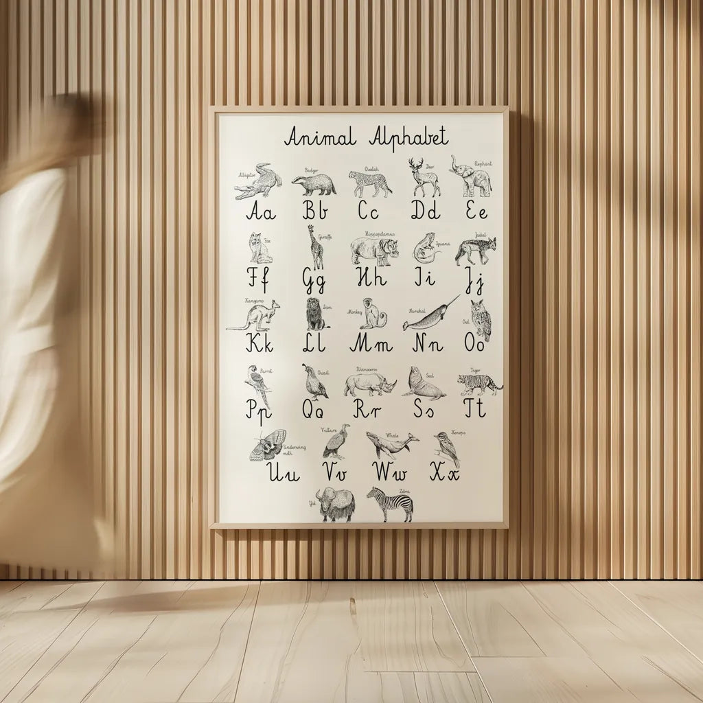 Animal Alphabet by Kasia Kucwaj-Tybur. shown as over sized large wall art. Available as an archival giclee rolled canvas, fine art paper, or poster print. SKU 83201h.