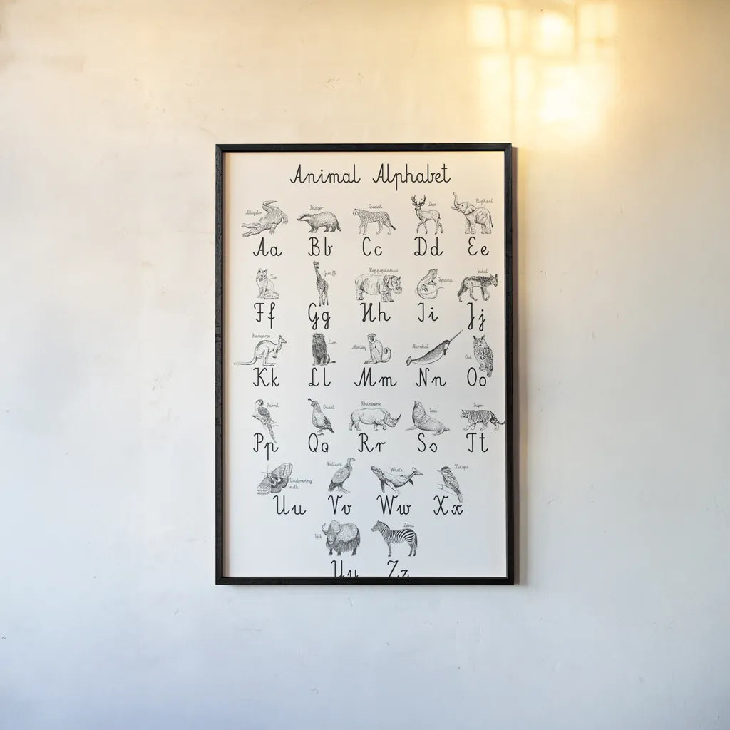 Animal Alphabet by Kasia Kucwaj-Tybur. shown as a paper print in a black flame. Available as a archival giclee rolled canvas, fine art paper, or poster print. SKU 83201h.