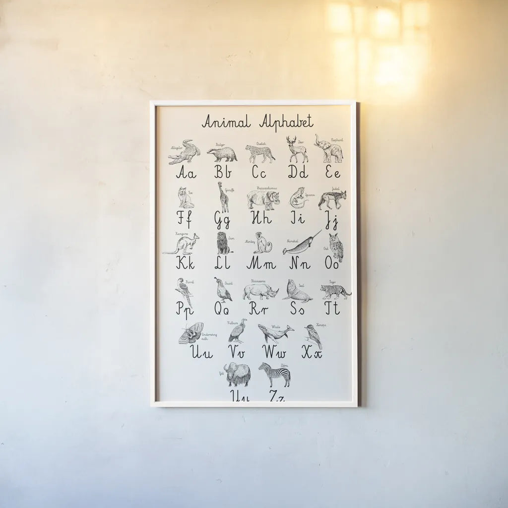 Animal Alphabet by Kasia Kucwaj-Tybur. shown as a paper print in a white frame. Available as a archival giclee rolled canvas, fine art paper, or poster print. SKU 83201h.