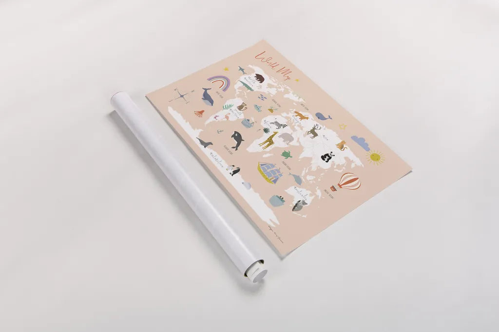 Explore the World Map by Kasia Kucwaj-Tybur. shown as a rolled paper print. Available as archival giclee rolled canvas, fine art paper, or poster print. SKU 81326i.