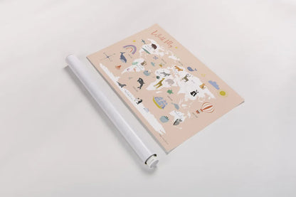 Explore the World Map by Kasia Kucwaj-Tybur. shown as a rolled paper print. Available as archival giclee rolled canvas, fine art paper, or poster print. SKU 81326i.