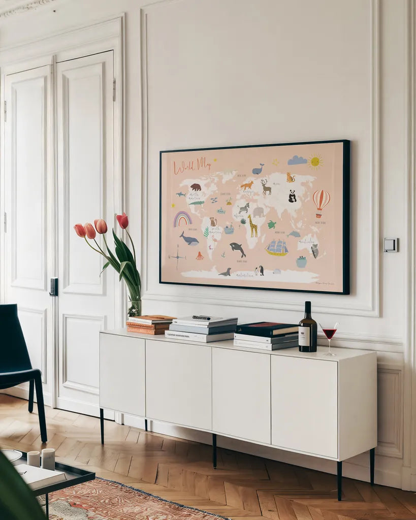 Explore the World Map by Kasia Kucwaj-Tybur. shown as a framed stretched canvas in a living room above a console. Available as a archival giclee rolled canvas, fine art paper, or poster print. SKU 81326i.
