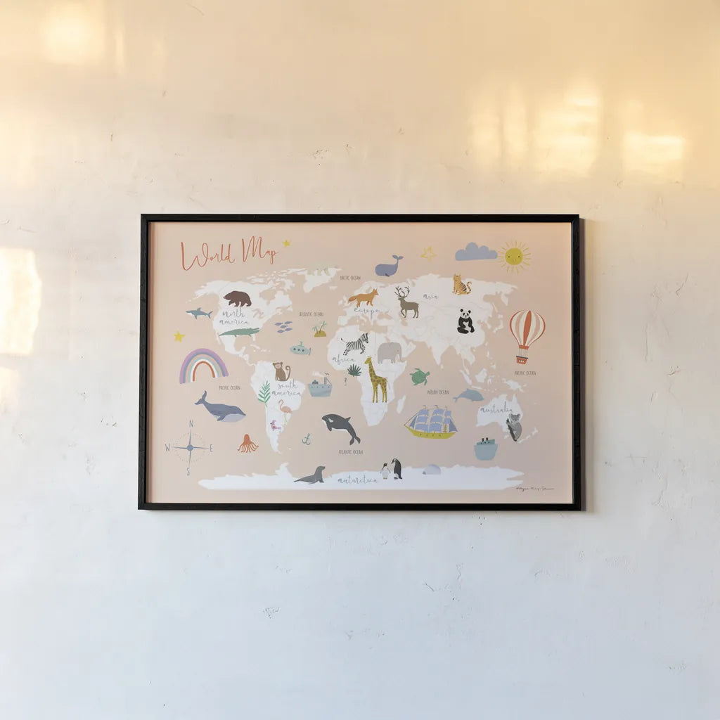 Explore the World Map by Kasia Kucwaj-Tybur. shown as a paper print in a black flame. Available as a archival giclee rolled canvas, fine art paper, or poster print. SKU 81326i.