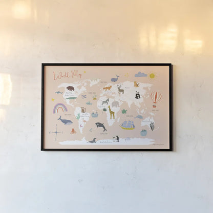 Explore the World Map by Kasia Kucwaj-Tybur. shown as a paper print in a black flame. Available as a archival giclee rolled canvas, fine art paper, or poster print. SKU 81326i.