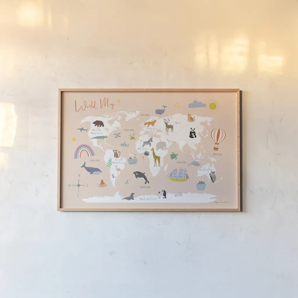 Explore the World Map by Kasia Kucwaj-Tybur. shown as a paper print in a natural frame. Available as a archival giclee rolled canvas, fine art paper, or poster print. SKU 81326i.