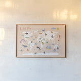 Explore the World Map by Kasia Kucwaj-Tybur. shown as a paper print in a natural frame. Available as a archival giclee rolled canvas, fine art paper, or poster print. SKU 81326i.