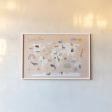 Explore the World Map by Kasia Kucwaj-Tybur. shown as a paper print in a white frame. Available as a archival giclee rolled canvas, fine art paper, or poster print. SKU 81326i.