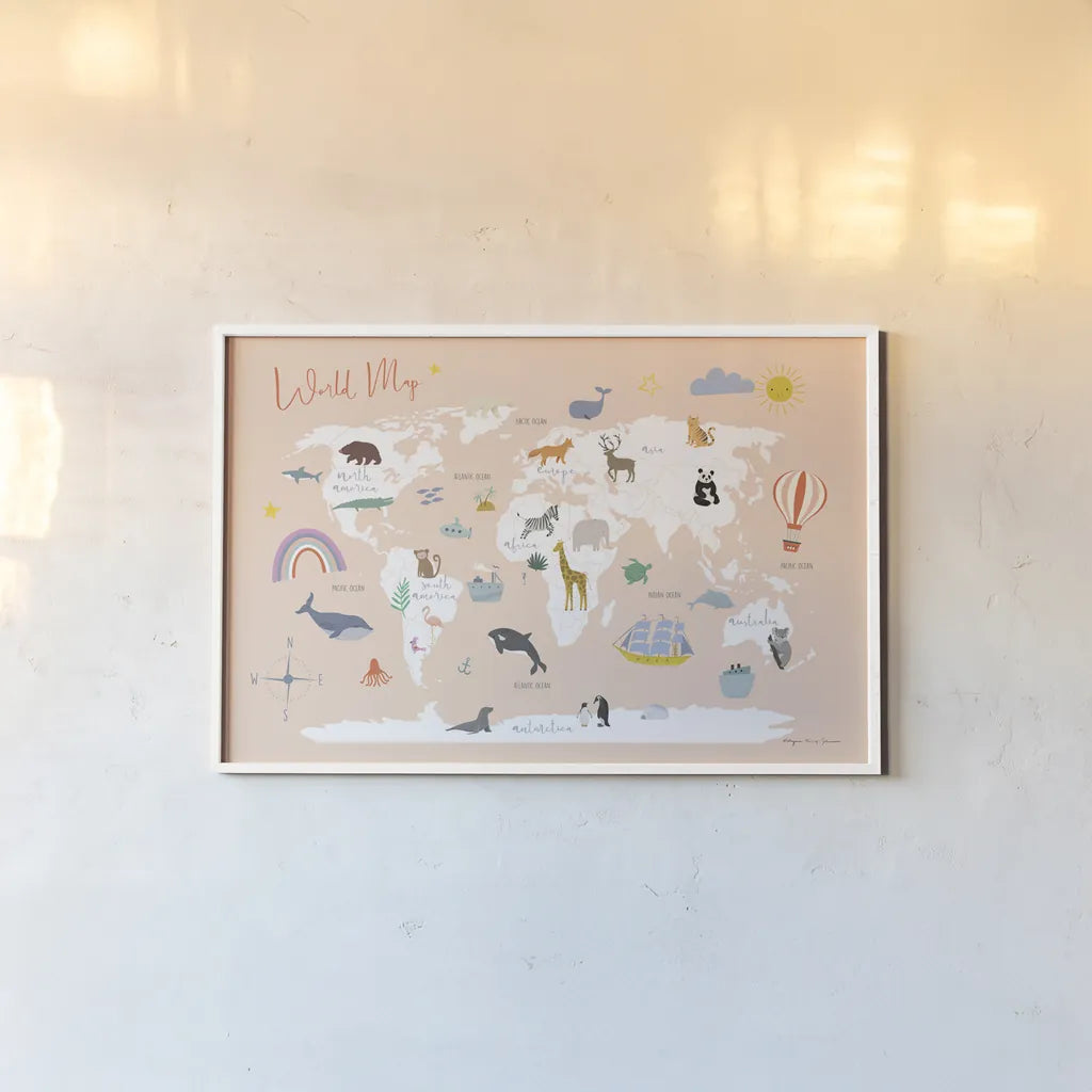 Explore the World Map by Kasia Kucwaj-Tybur. shown as a paper print in a white frame. Available as a archival giclee rolled canvas, fine art paper, or poster print. SKU 81326i.