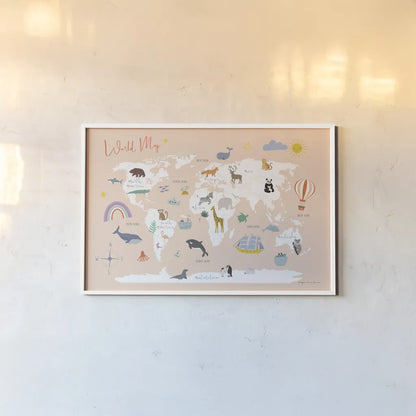 Explore the World Map by Kasia Kucwaj-Tybur. shown as a paper print in a white frame. Available as a archival giclee rolled canvas, fine art paper, or poster print. SKU 81326i.