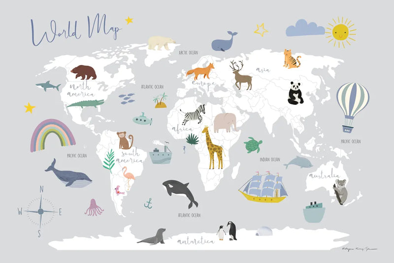 Explore the World Map Gray by Kasia Kucwaj-Tybur. SKU 82564i. Archival Giclee Fine art print for wall decor.