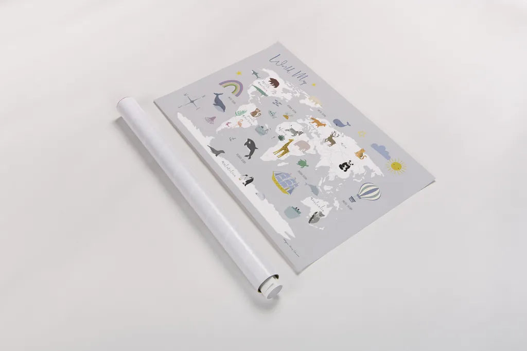 Explore the World Map Gray by Kasia Kucwaj-Tybur. shown as a rolled paper print. Available as archival giclee rolled canvas, fine art paper, or poster print. SKU 82564i.