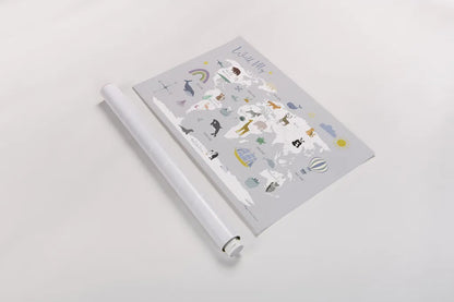 Explore the World Map Gray by Kasia Kucwaj-Tybur. shown as a rolled paper print. Available as archival giclee rolled canvas, fine art paper, or poster print. SKU 82564i.