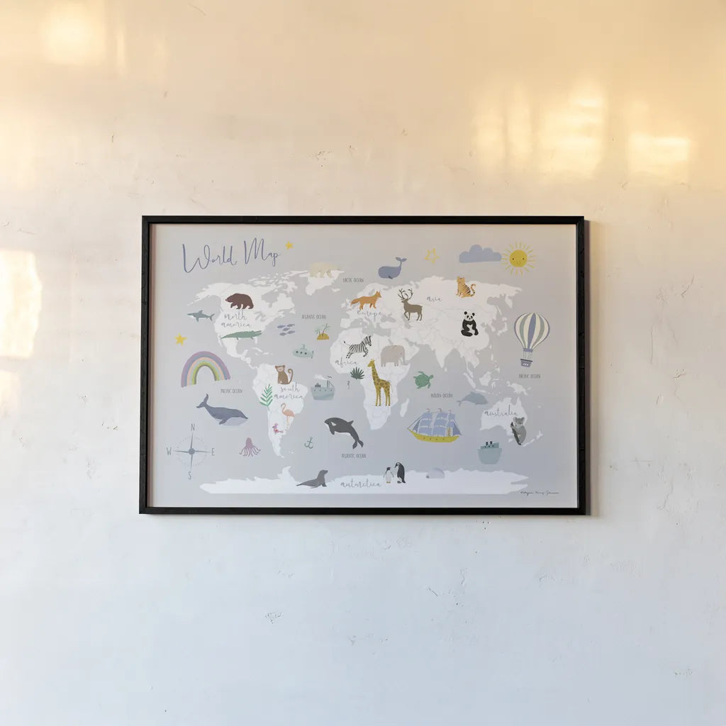 Explore the World Map Gray by Kasia Kucwaj-Tybur. shown as a paper print in a black flame. Available as a archival giclee rolled canvas, fine art paper, or poster print. SKU 82564i.